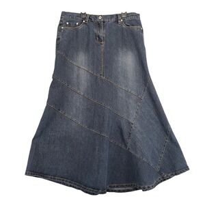 Vintage Y2K NoFuze Blue Asymmetrical Panel Denim Midi Skirt Sz 13/14 34" Waist